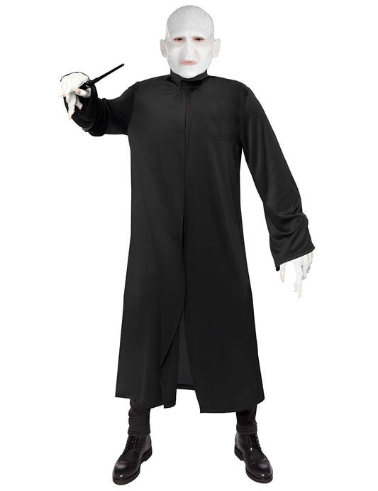 Vue de face avec baguette magique du déguisement Voldemort Harry Potter