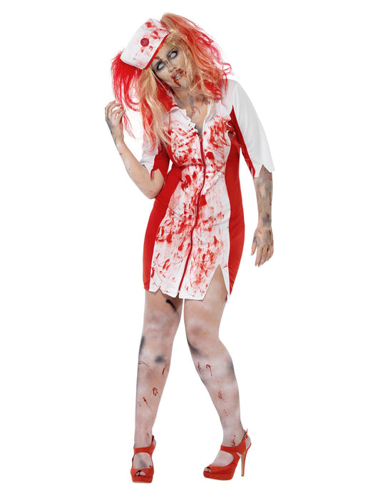 Vue de face du déguisement de zombie infirmière Halloween pour femme