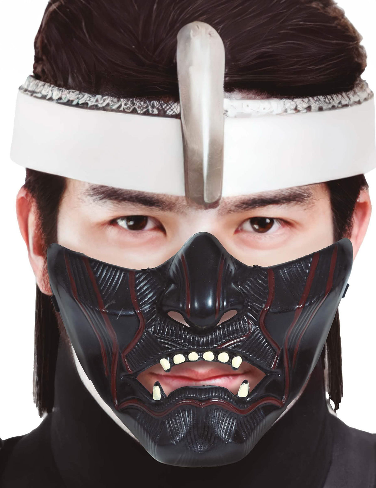 Demi masque guerrier ninja pour adulte noir avec détails rouges et dents blanches