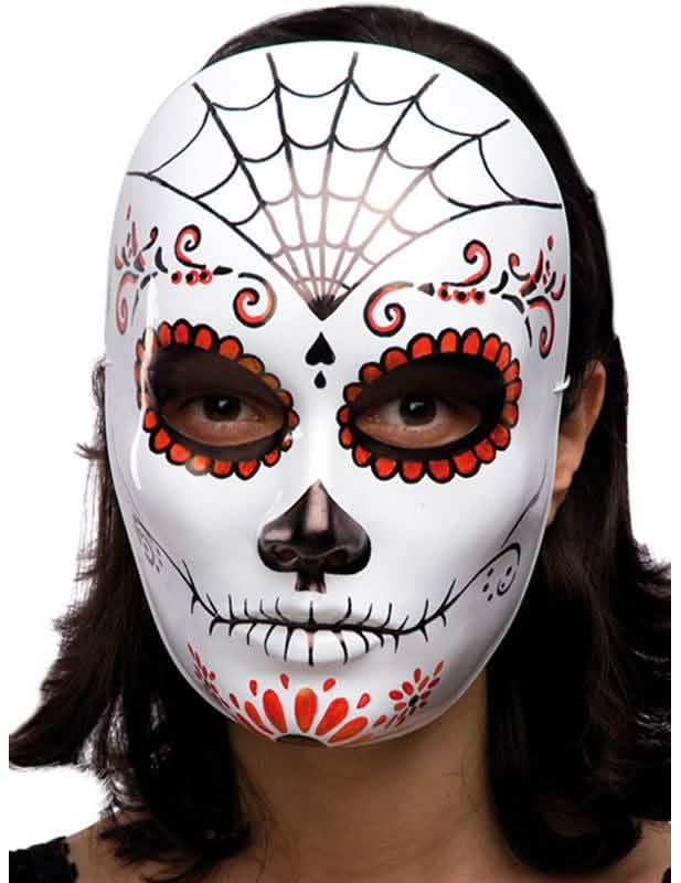 Маска Dia de los Muertos за възрастен бял с червени и черни мотиви