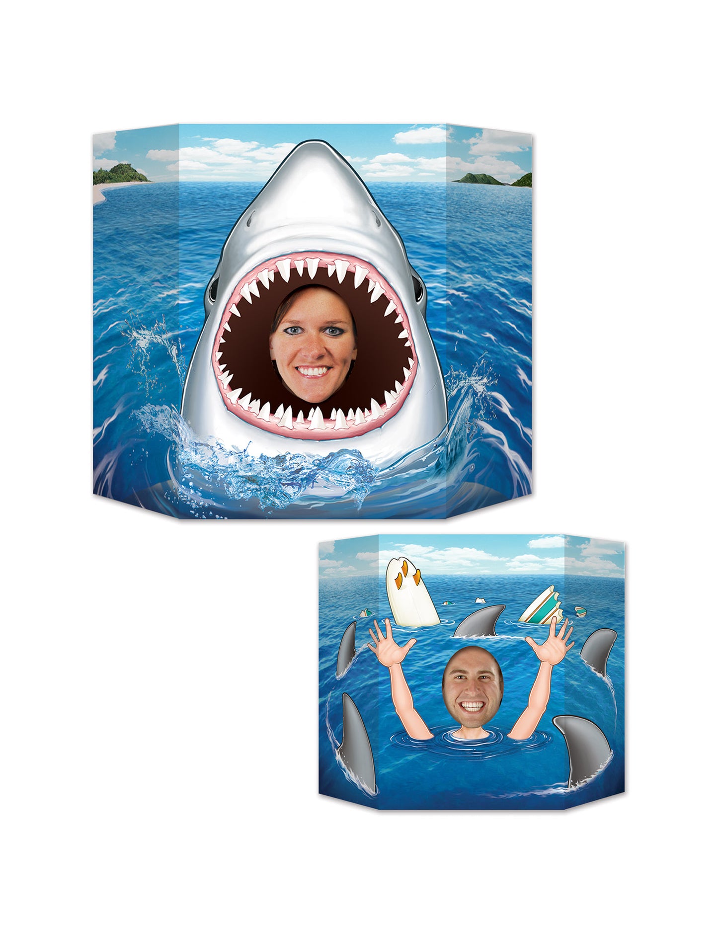 Passe tête en carton Requin pour adulte bleu et blanc décor marin
