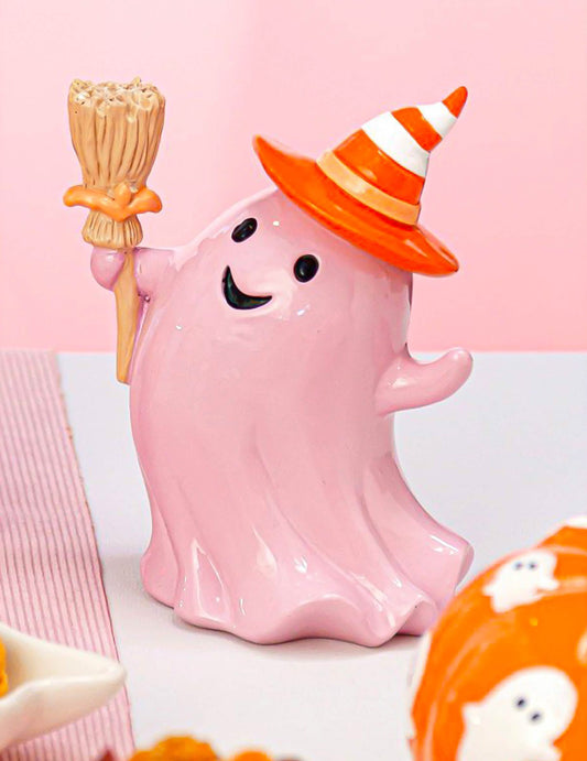 Декоративен призрак Summerween от смола с пастелно розова метла 12,3 x 8,8 x 15 cm