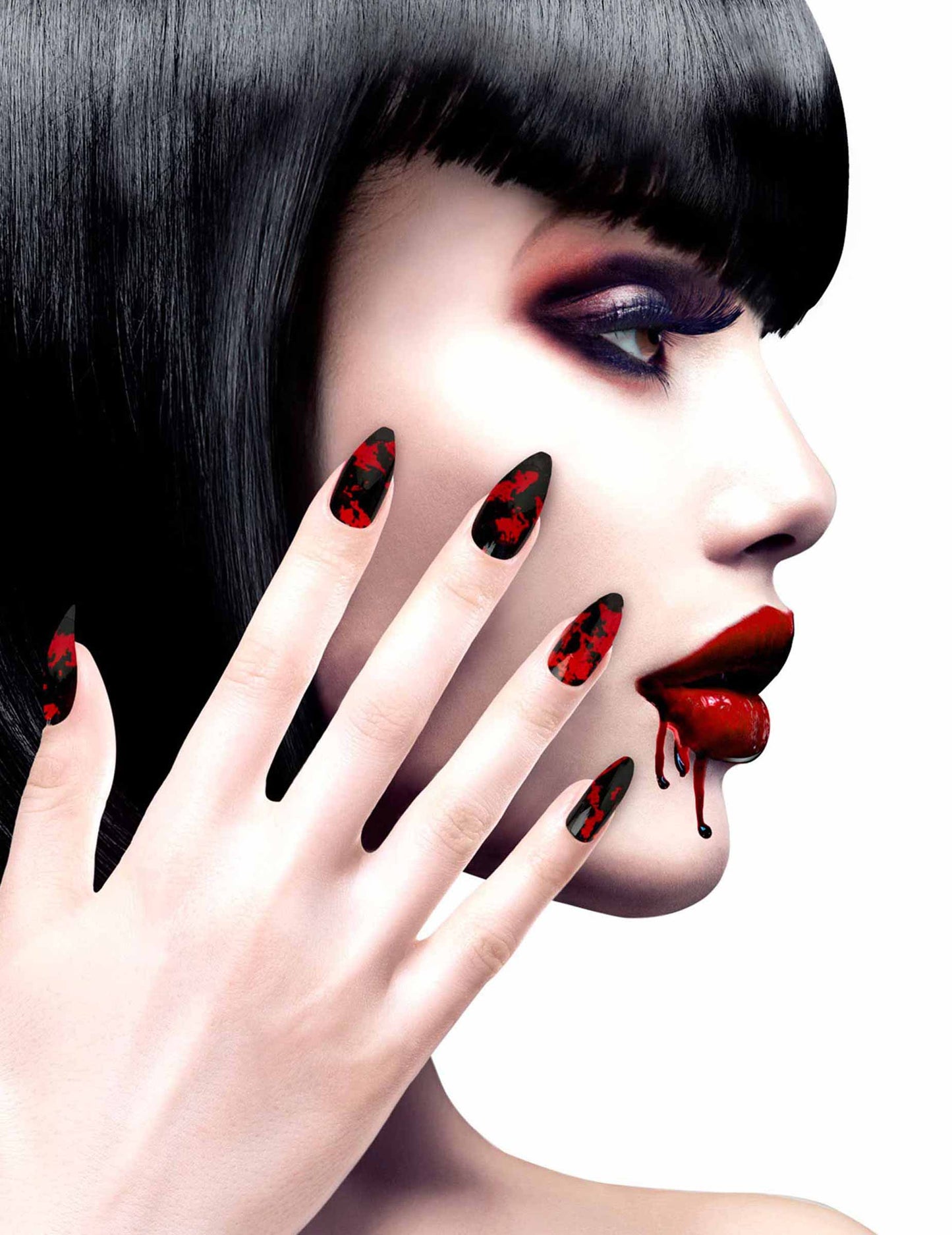 Faux ongles adhésifs Halloween pour femme noirs et rouges ensanglantés