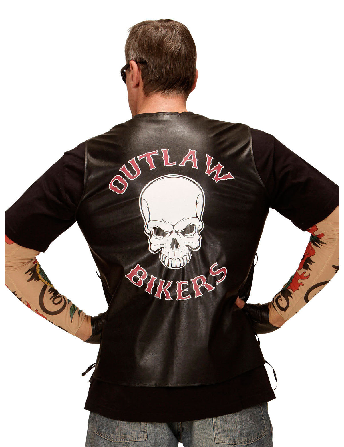 Vue de dos du gilet biker pour adulte avec motif tête de mort