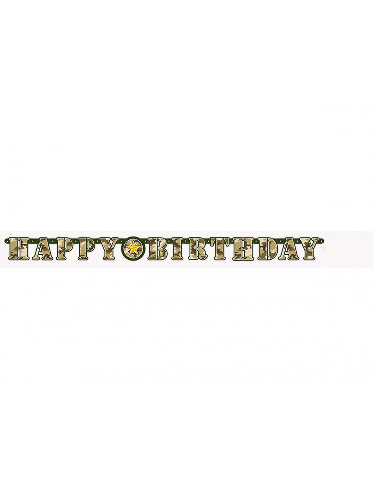 Изглед отпред на подвижната гирлянда Happy Birthday военен