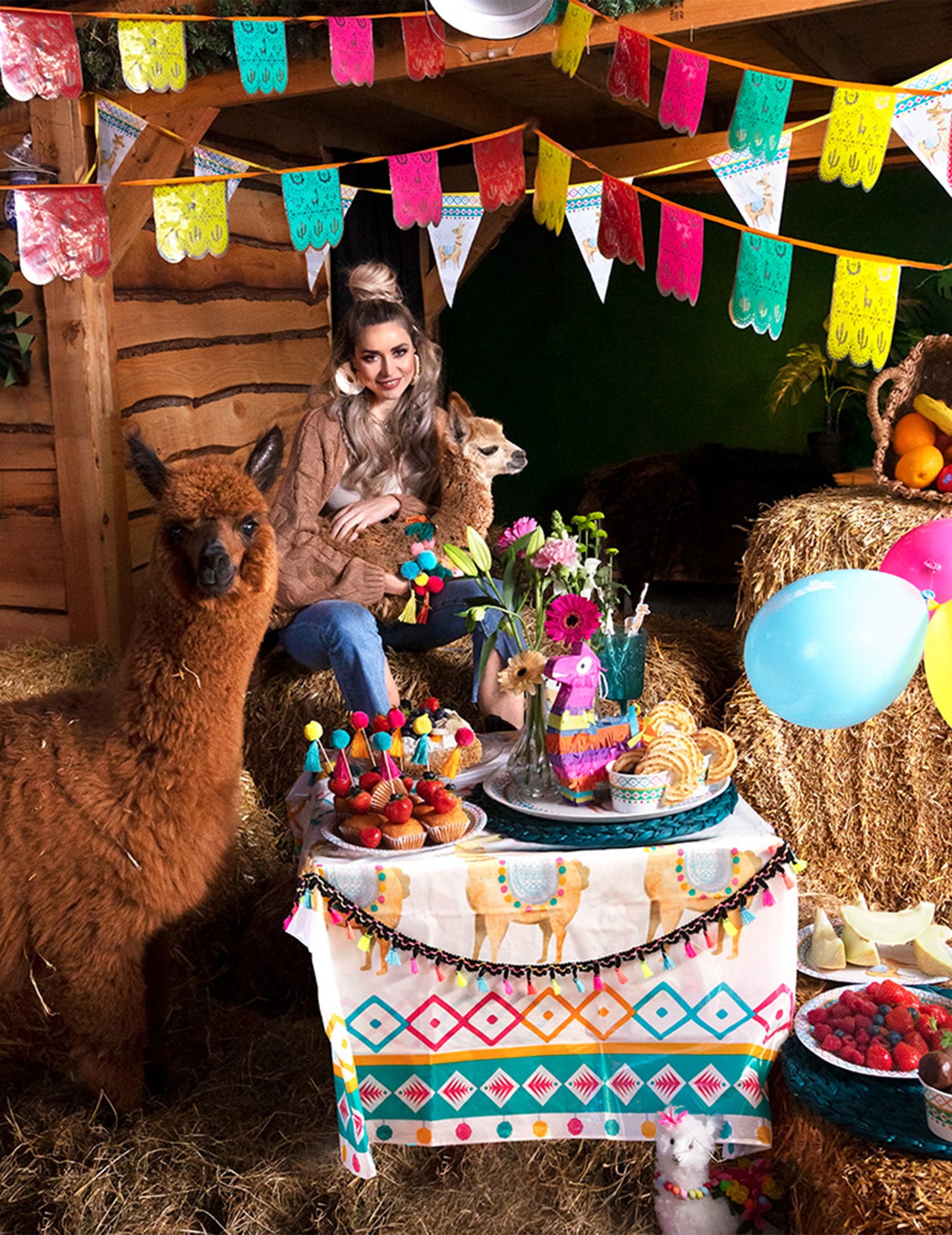 Mise en situation sur une table de la guirlande de pompons multicolores pour décoration de fête