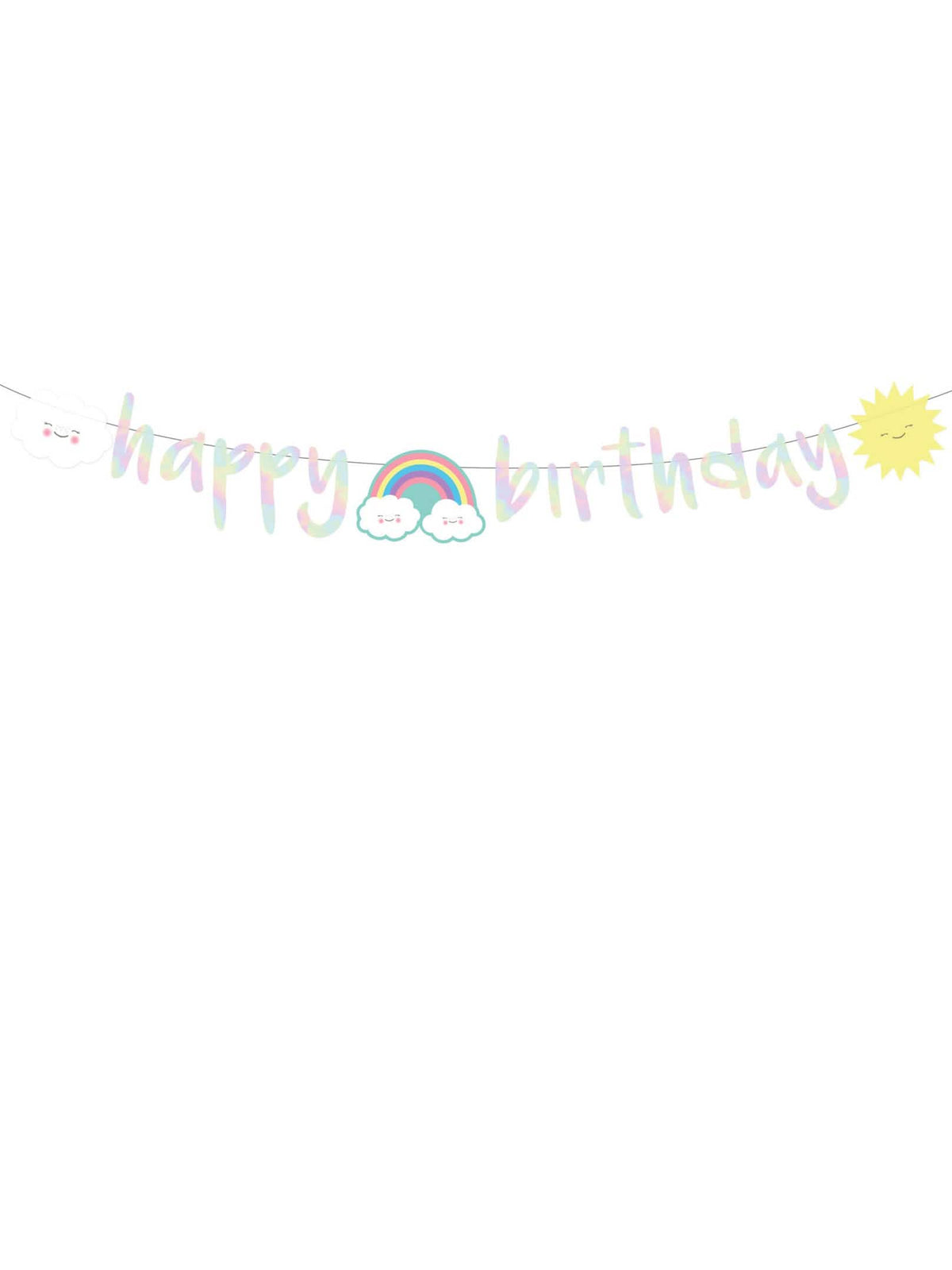 Общ поглед върху иридесцентната облачна гирлянда happy birthday от картон