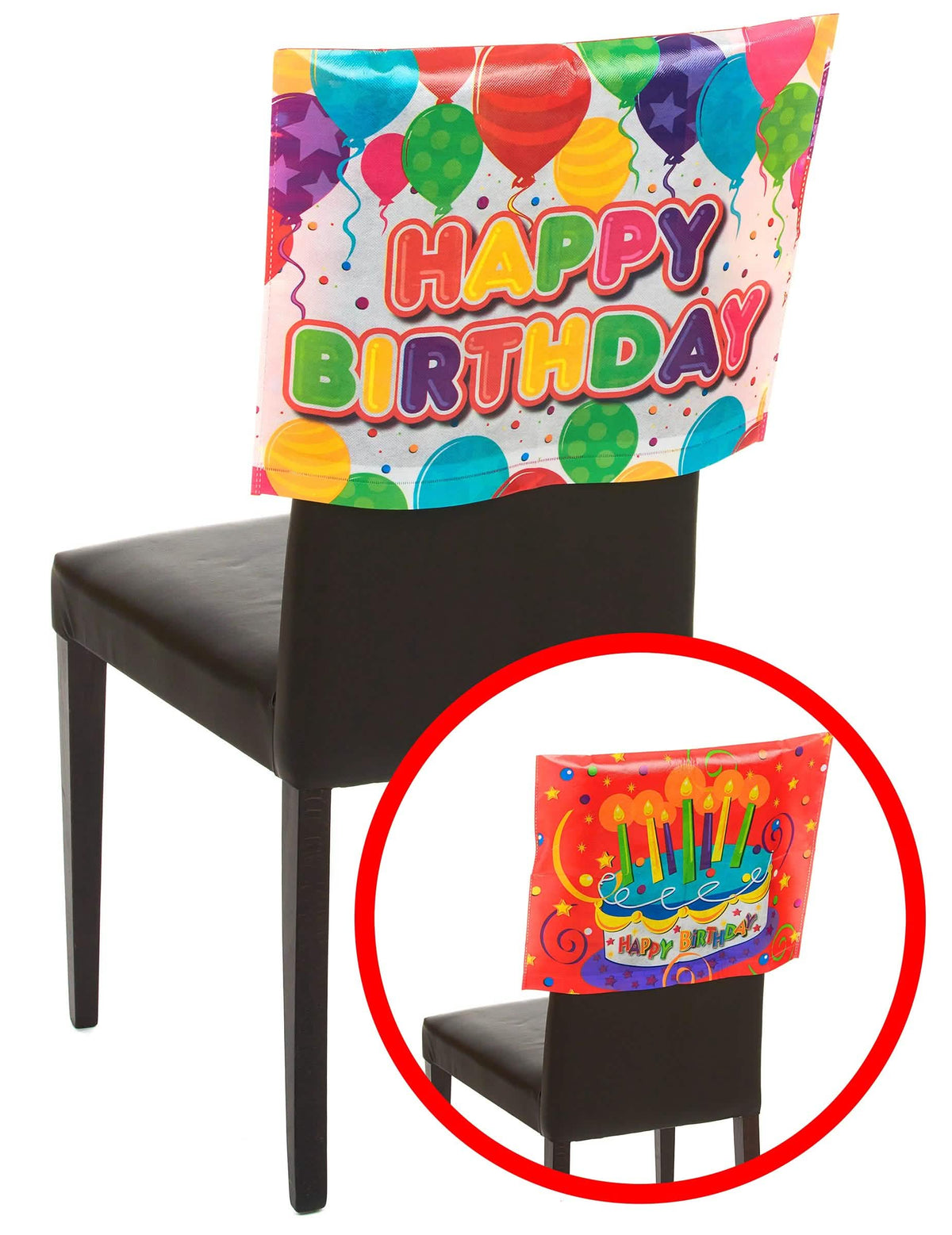 Vue du recto et du verso de la housse de chaise Happy Birthday