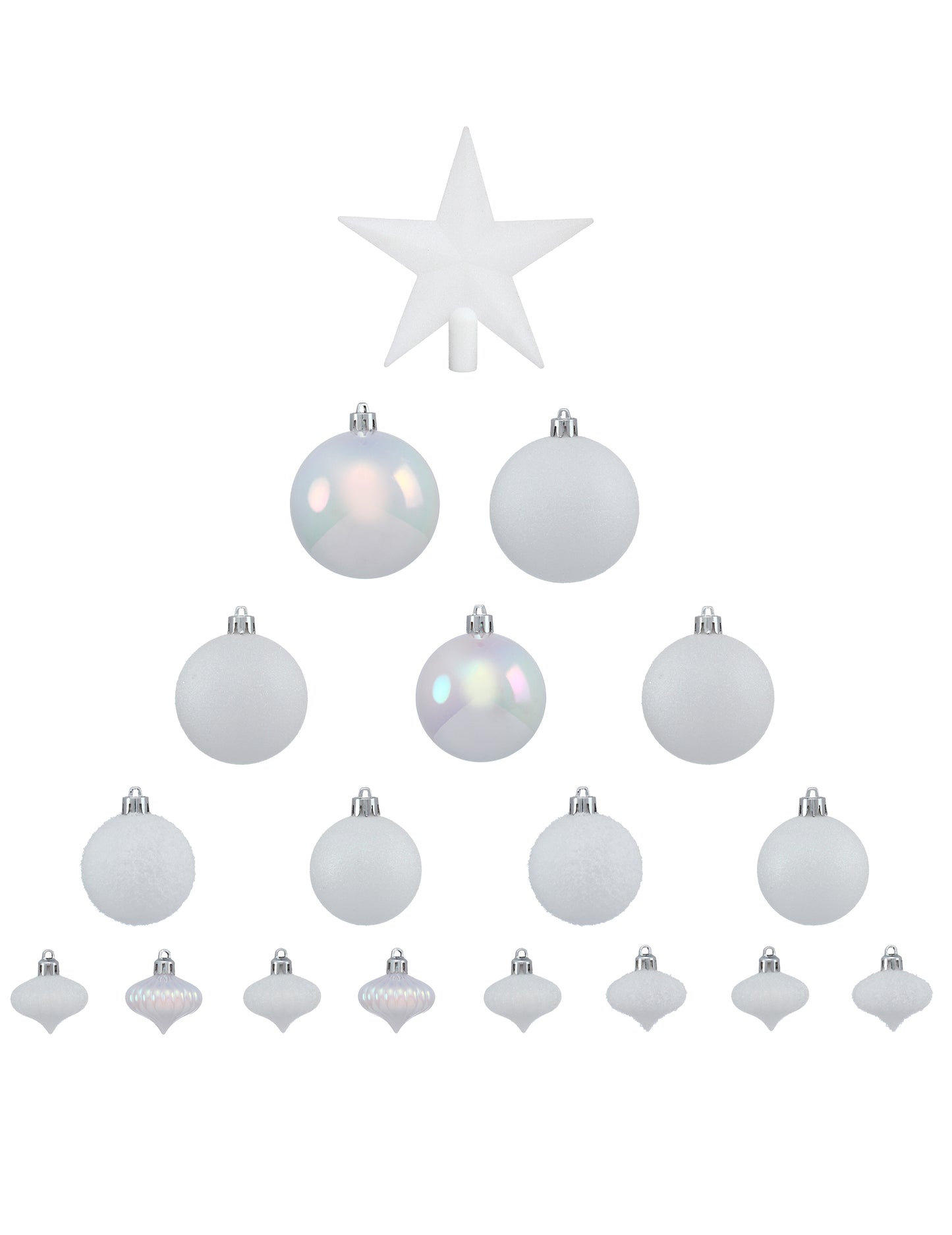 Vue d'ensemble du contenu du kit décorations de sapin blanc pour fête