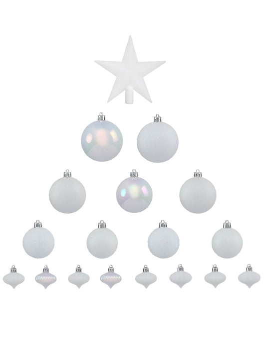 Vue d'ensemble du contenu du kit décorations de sapin blanc pour fête
