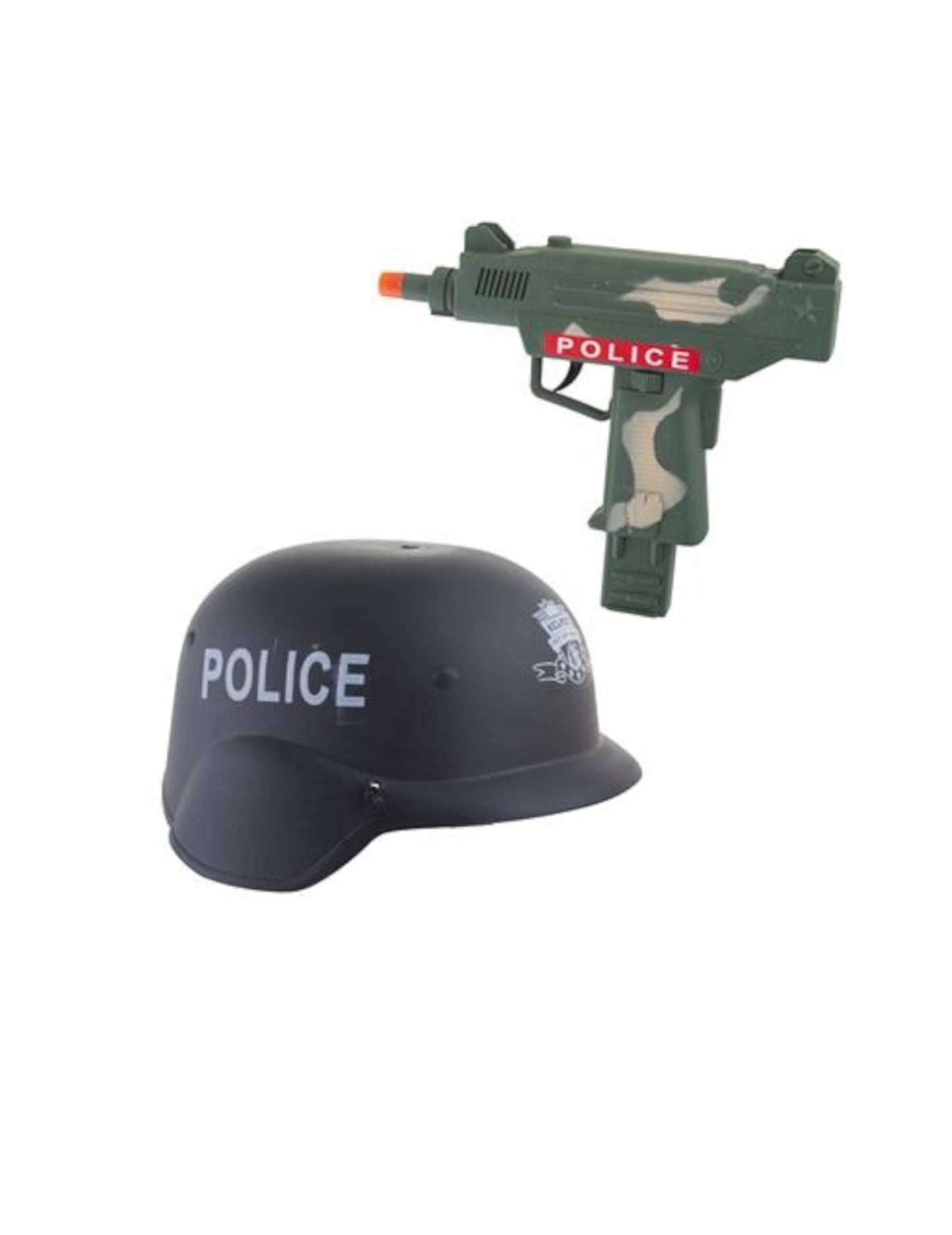 Черен каска и камуфлажен автомат от комплекта каска и автомат на полицията