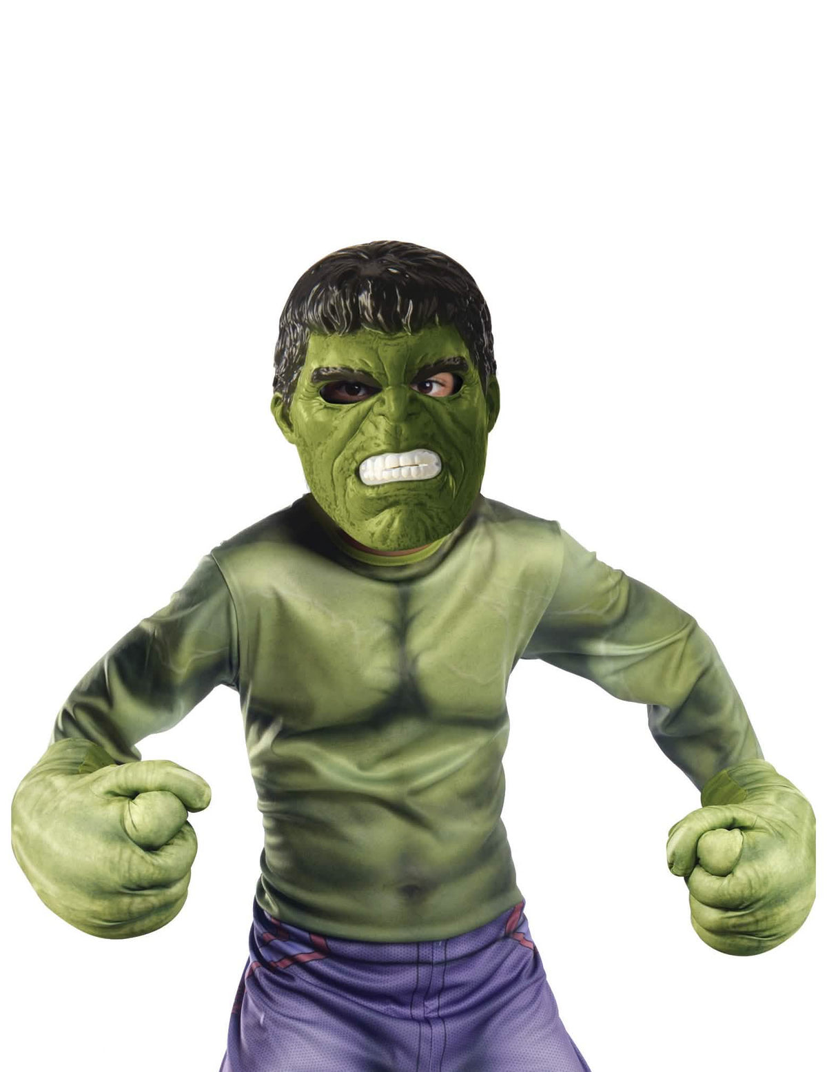 Комплект гигантска маска и ръкавици Hulk за дете зелен и лилав