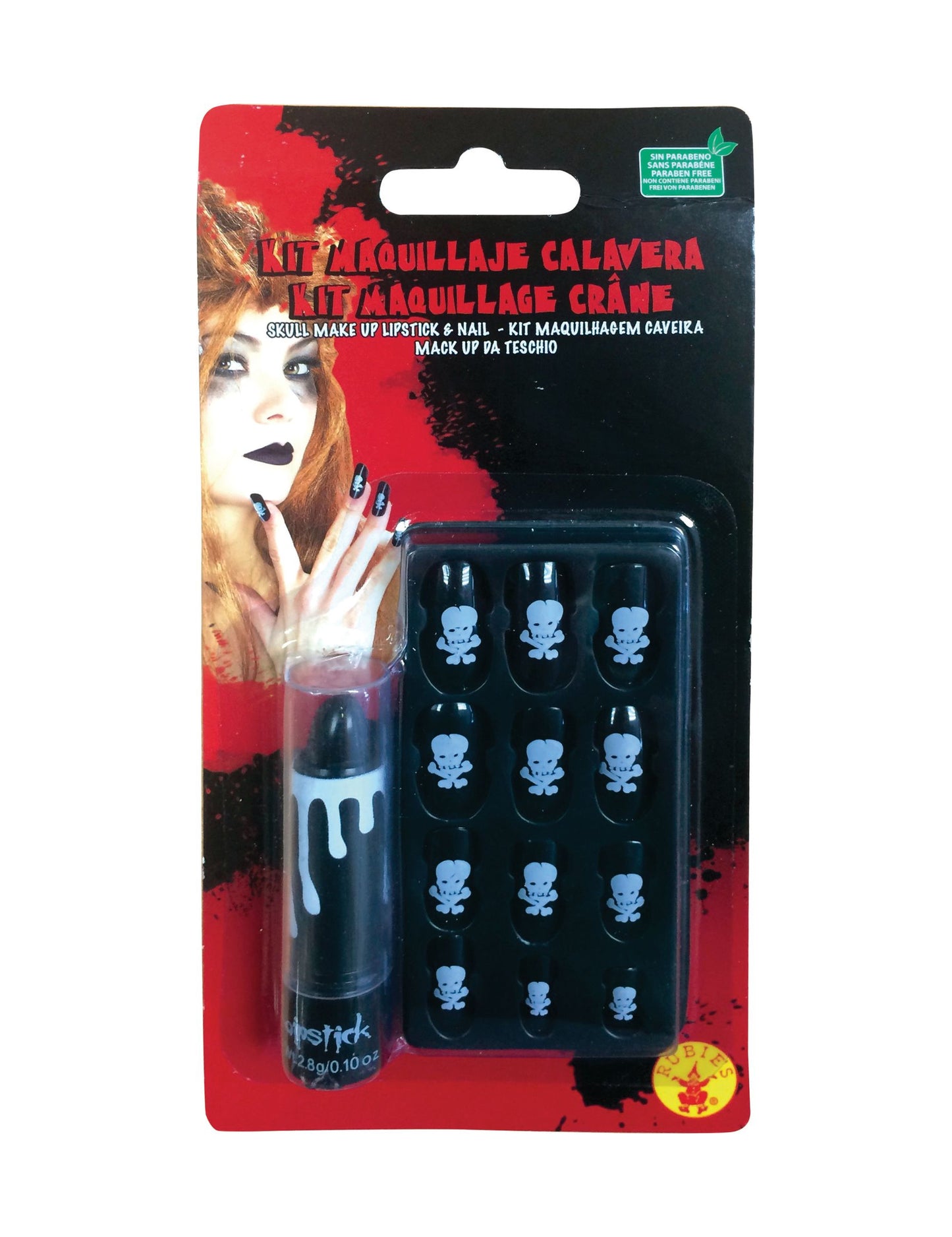 Détail du packaging du kit rouge à lèvre et faux ongles tête de mort