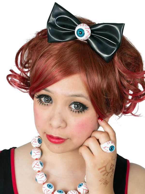 Kreepsville Готическа XL фиба за коса с очи и панделка, черна