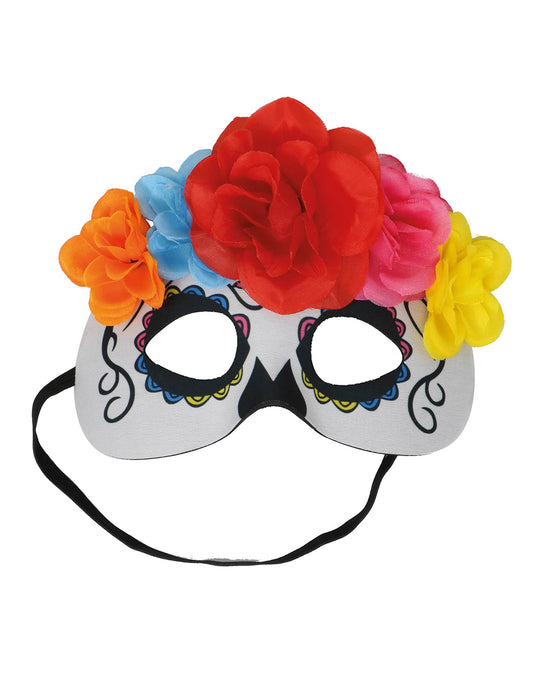 Détail du système d'attache du loup fleurs colorées Dia de los muertos