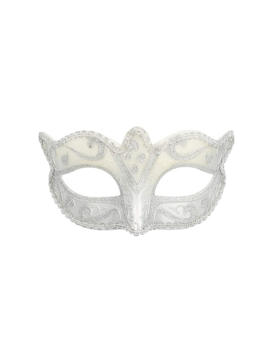 Vue de face du loup vénitien pour femme argenté pailleté