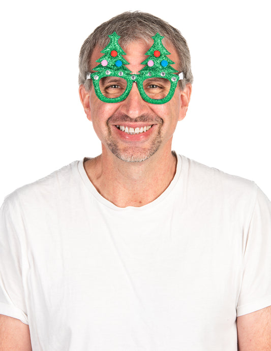 Vue de face des lunettes humoristiques sapins de Noël pour adulte