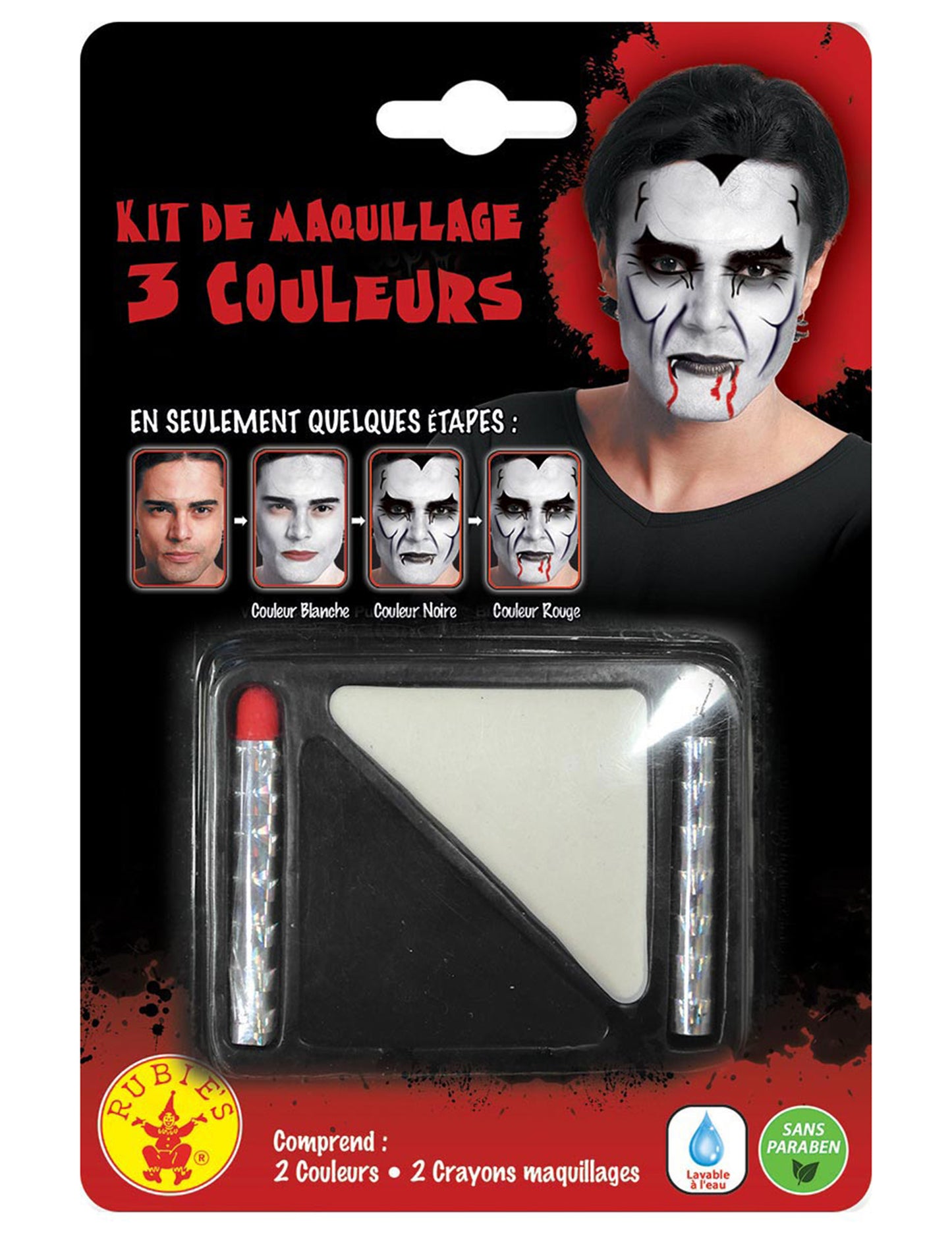 Vue de face de l'emballage et du contenu du maquillage de vampire