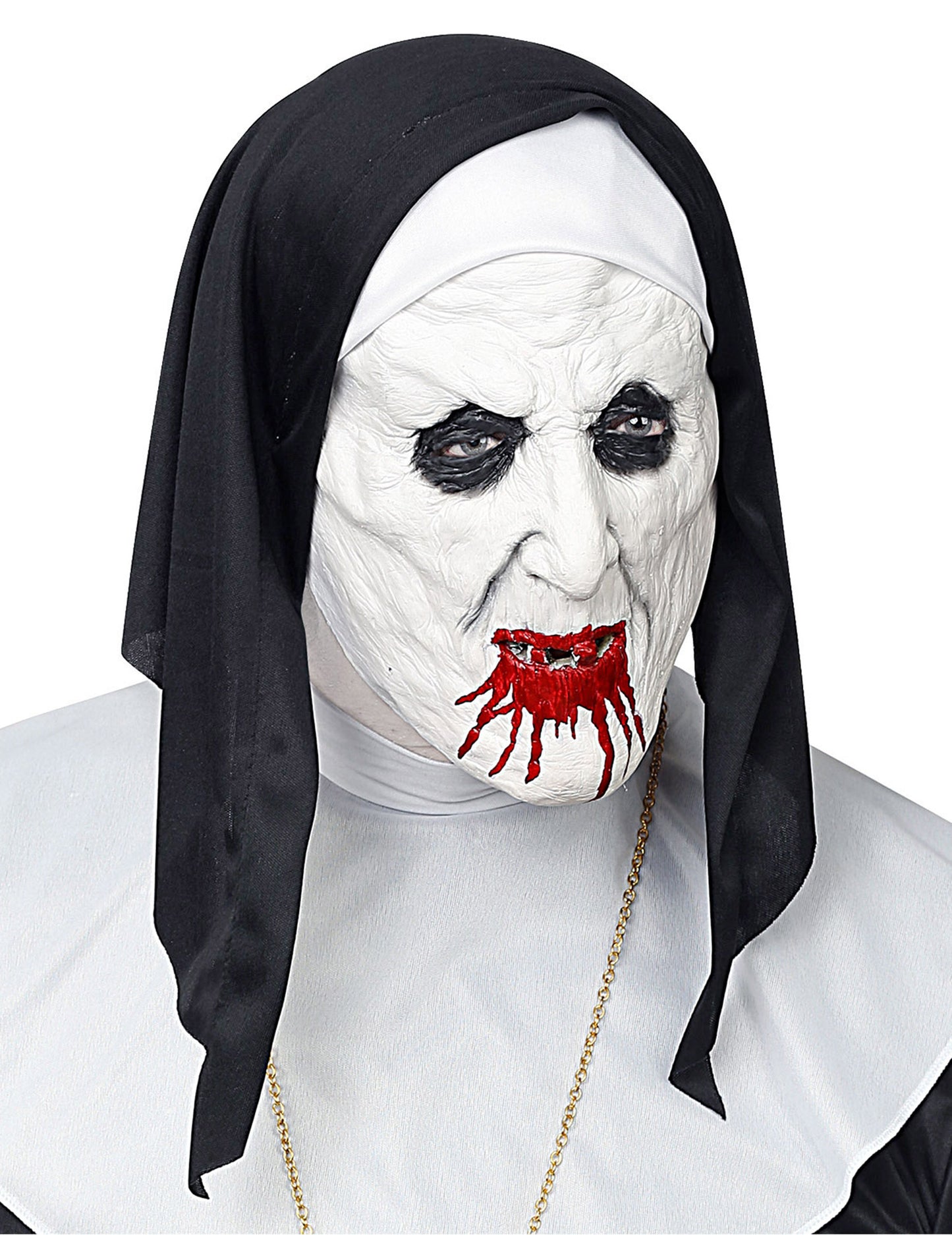 Vue de trois-quarts du masque demi-tête nonne horrible avec coiffe