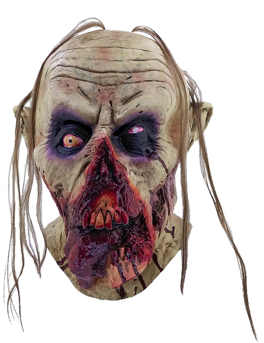 Gros plan sur le visage décomposé du masque zombie sanglant