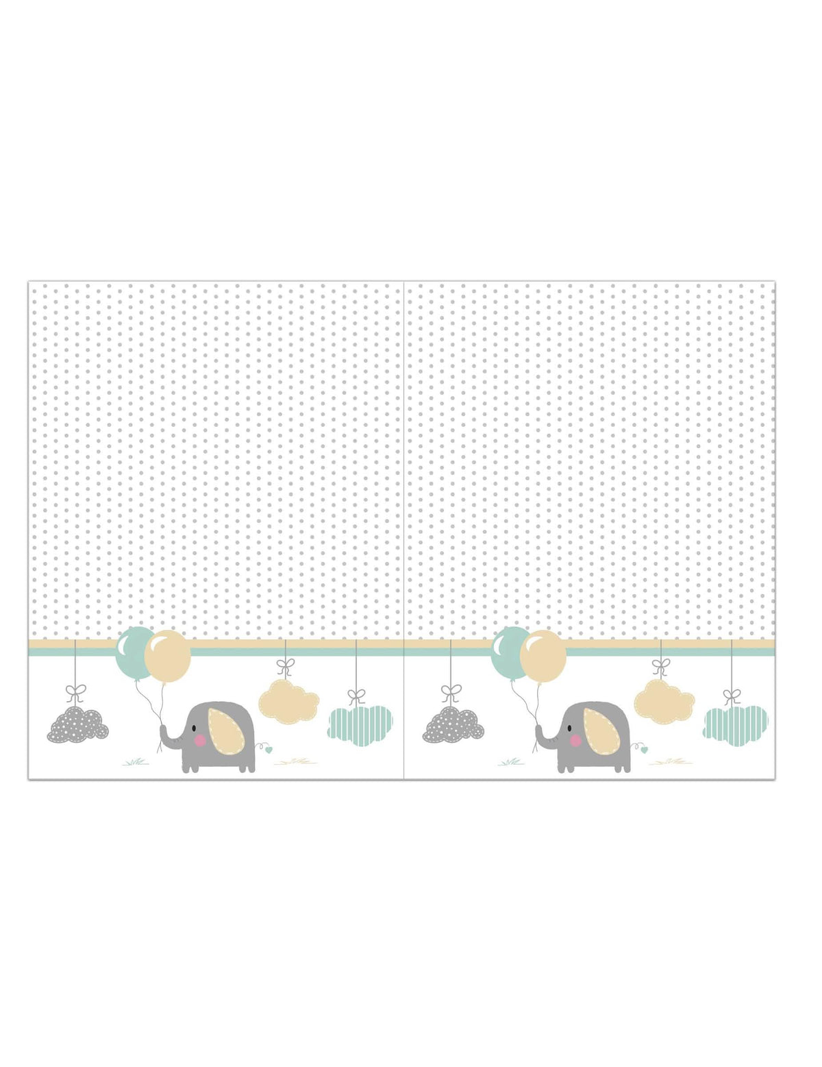 Nappe en plastique bébé éléphant pour baby shower blanche à pois gris avec motifs pastel