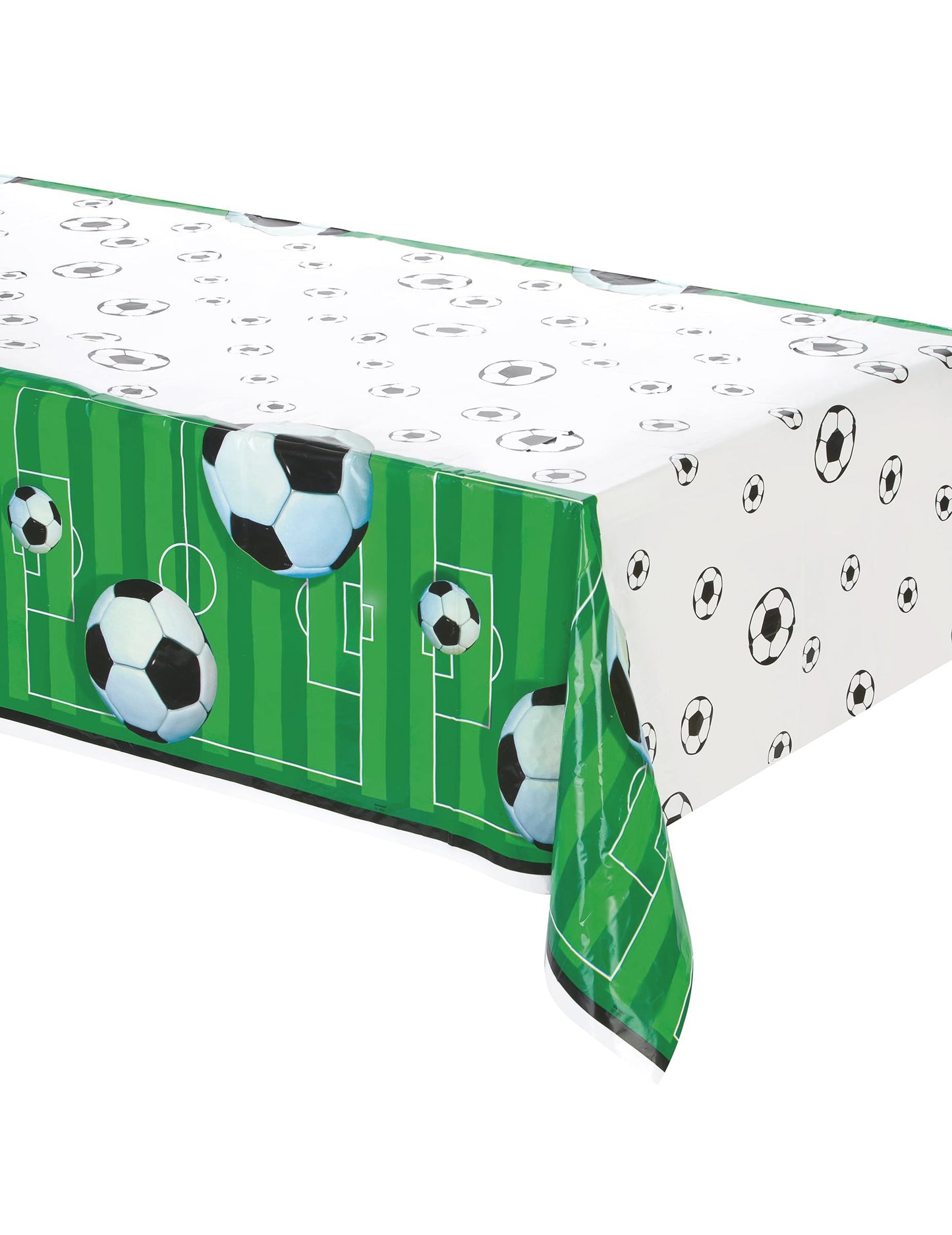 Nappe en plastique foot pour anniversaire verte et blanche avec motifs ballons