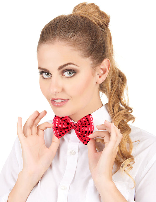 Vue de face du noeud papillon avec sequins pour adulte rouge