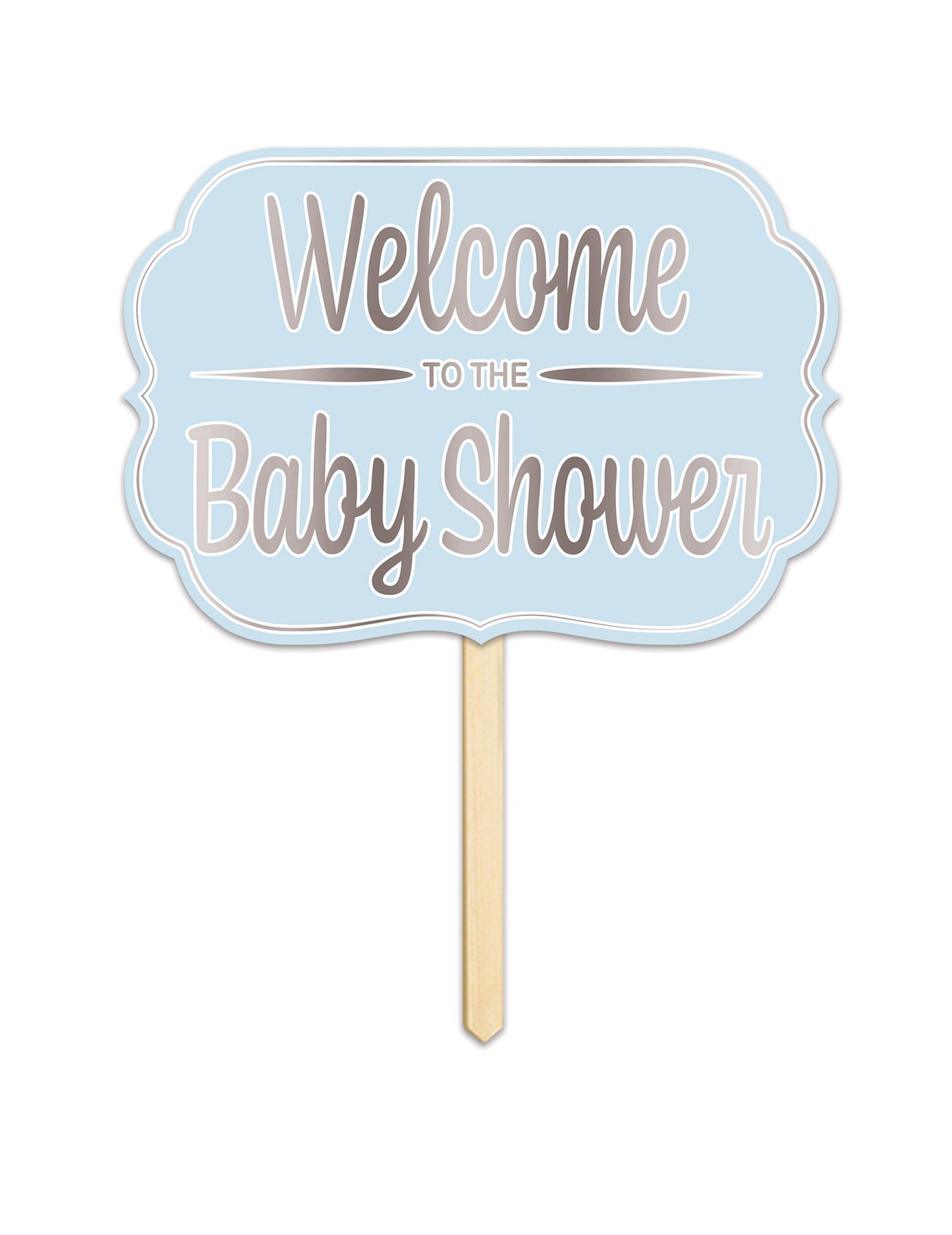 Panneau en carton Welcome to the baby shower bleu avec tige en bois