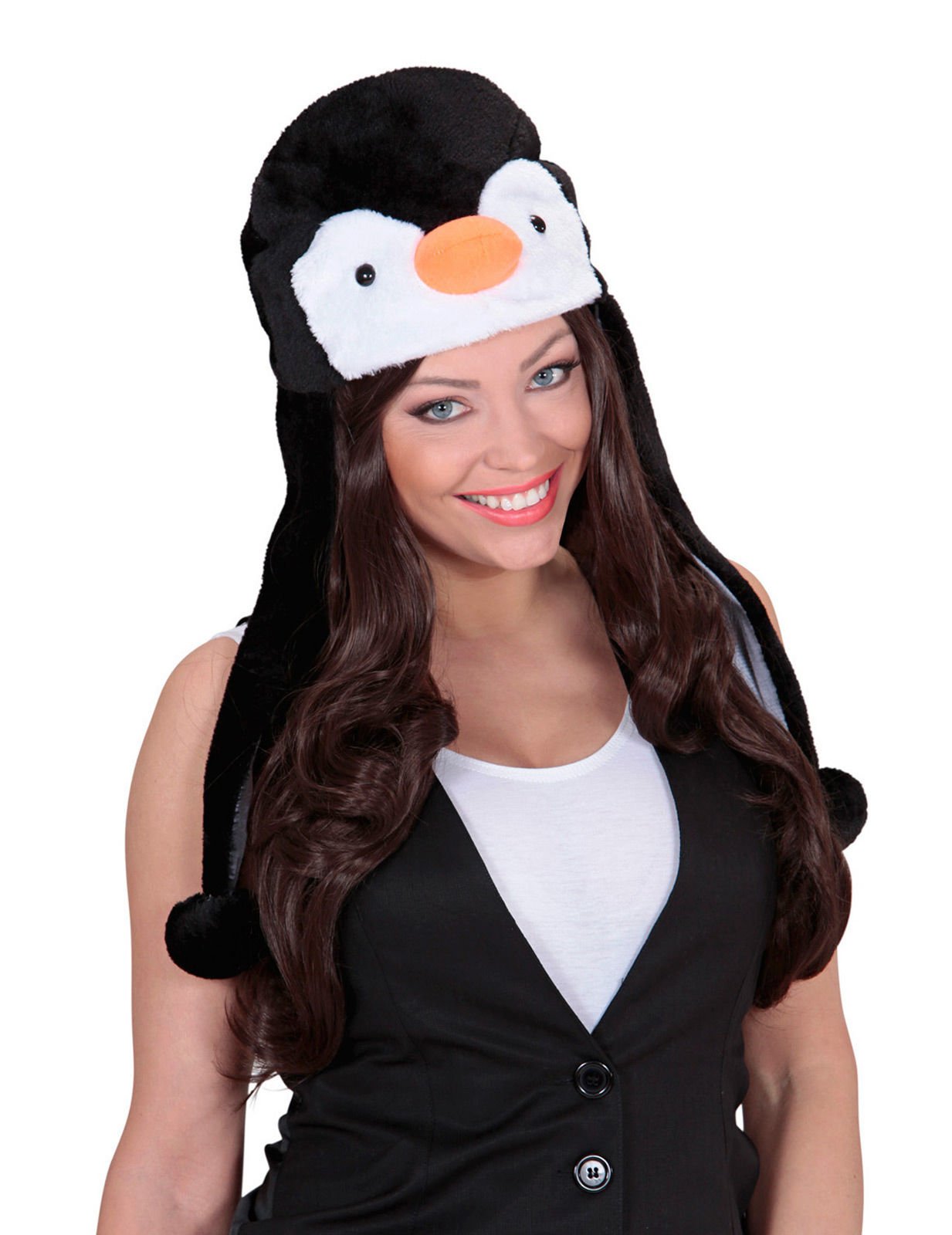 Chapeau pingouin pour adulte en peluche noire et blanc