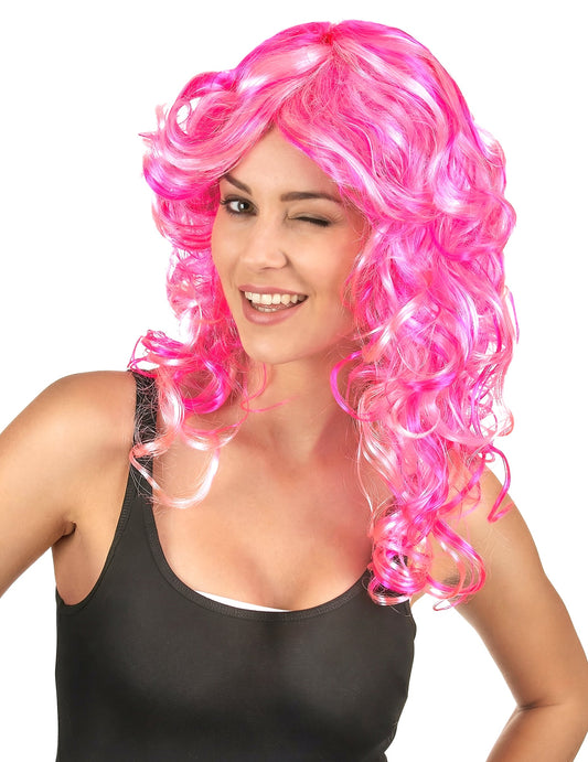 Vue de face de la perruque bouclée pour femme rose