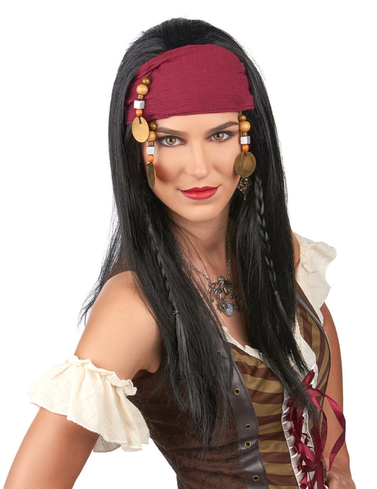 Détail du bandana avec perles et médaillons de la perruque de pirate pour adulte
