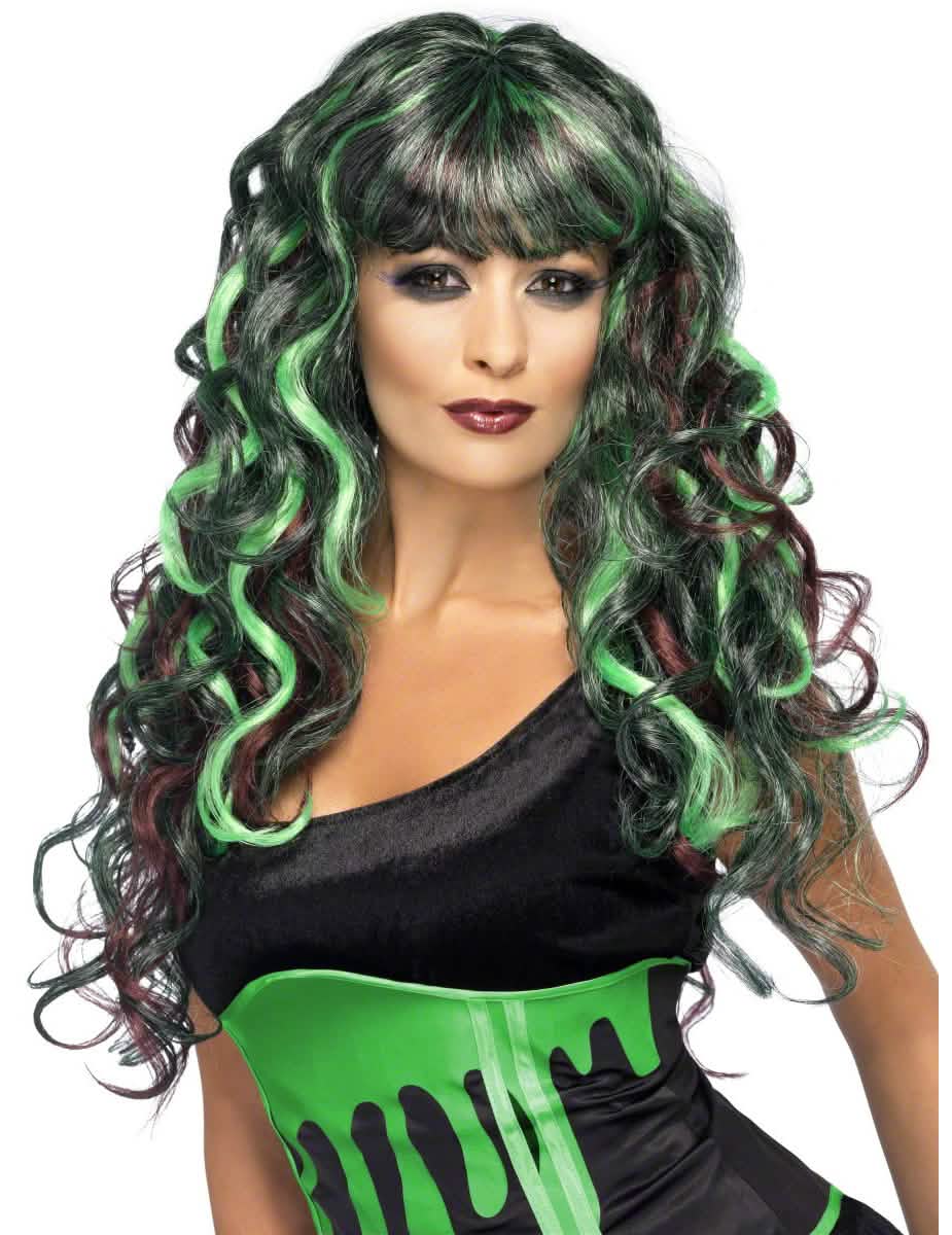 Perruque sirène pour femme verte et noire bouclée