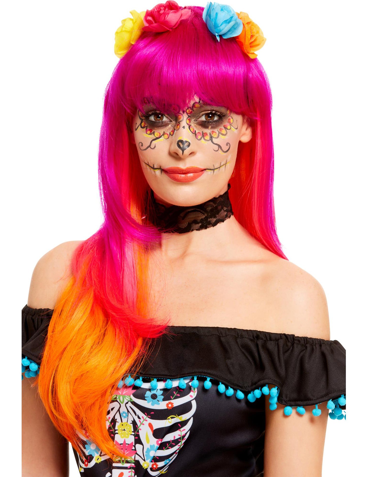 Лос Муертос Розово и възрастно оранжево перука перука