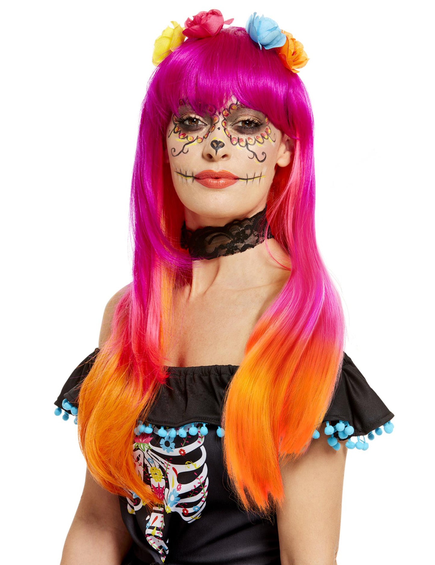 Лос Муертос Розово и възрастно оранжево перука перука