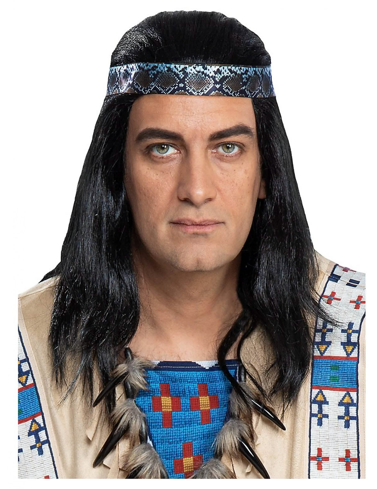 Перука Winnetou за възрастен черна с лента за глава с мотиви на змийска кожа
