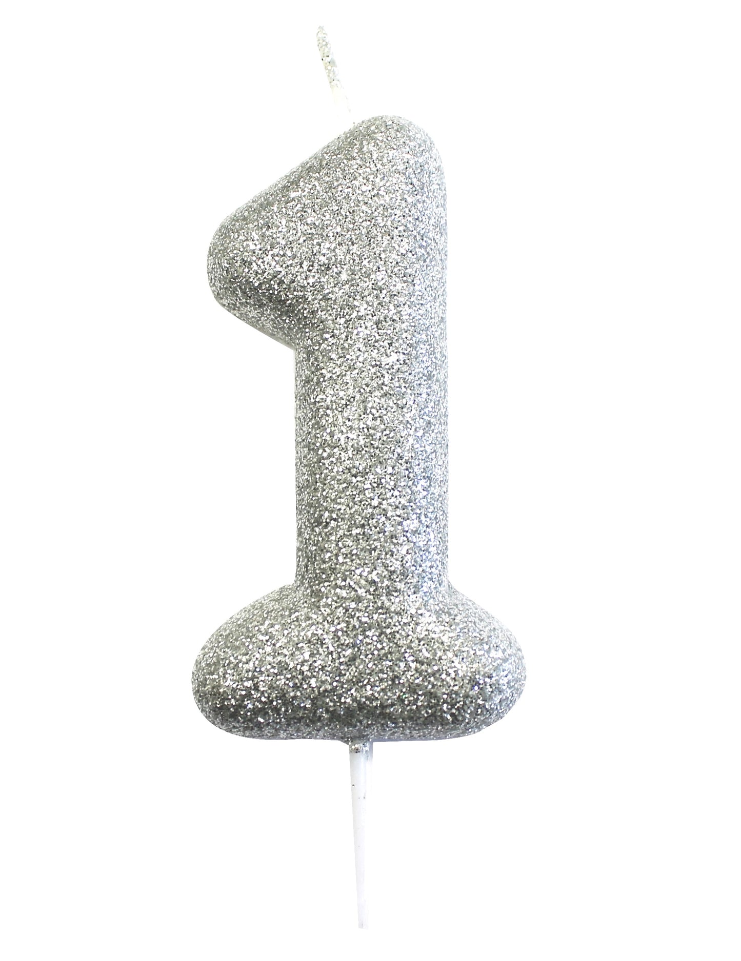 Bougie sur pique chiffre 1 pour gâteau argent pailleté