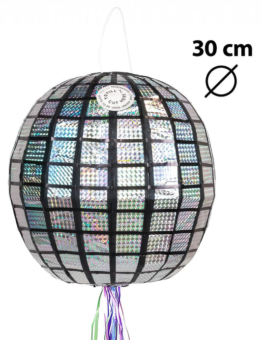 Dimensions et système d'accroche de la piñata boule à facettes disco