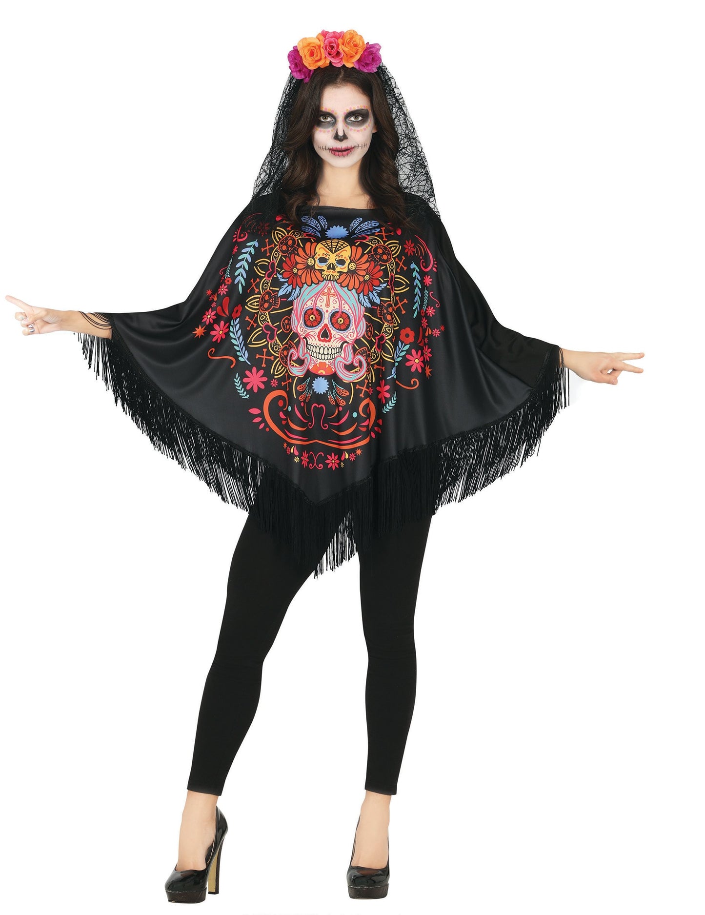 Пончо оцветен скелет Dia de los Muertos възрастен