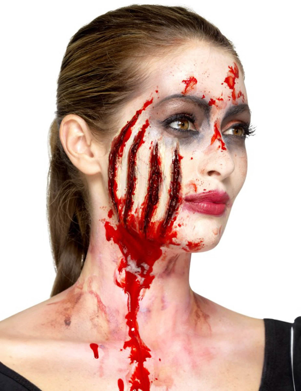 Три четвърти изглед на латексовата протеза с прорези halloween