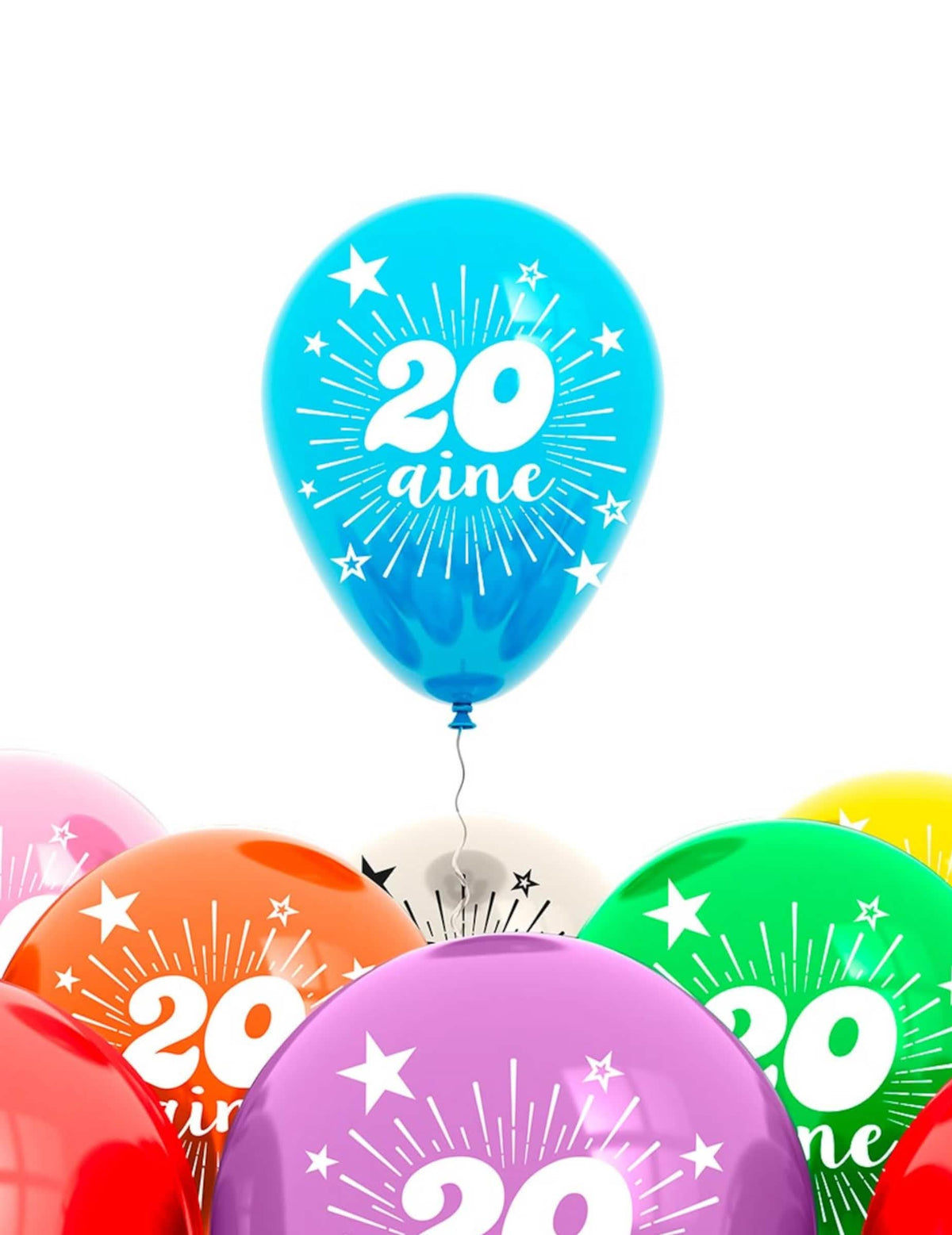 Ballons 20 ans pour fête d'anniversaire multicolores avec étoiles et inscription 20 aine