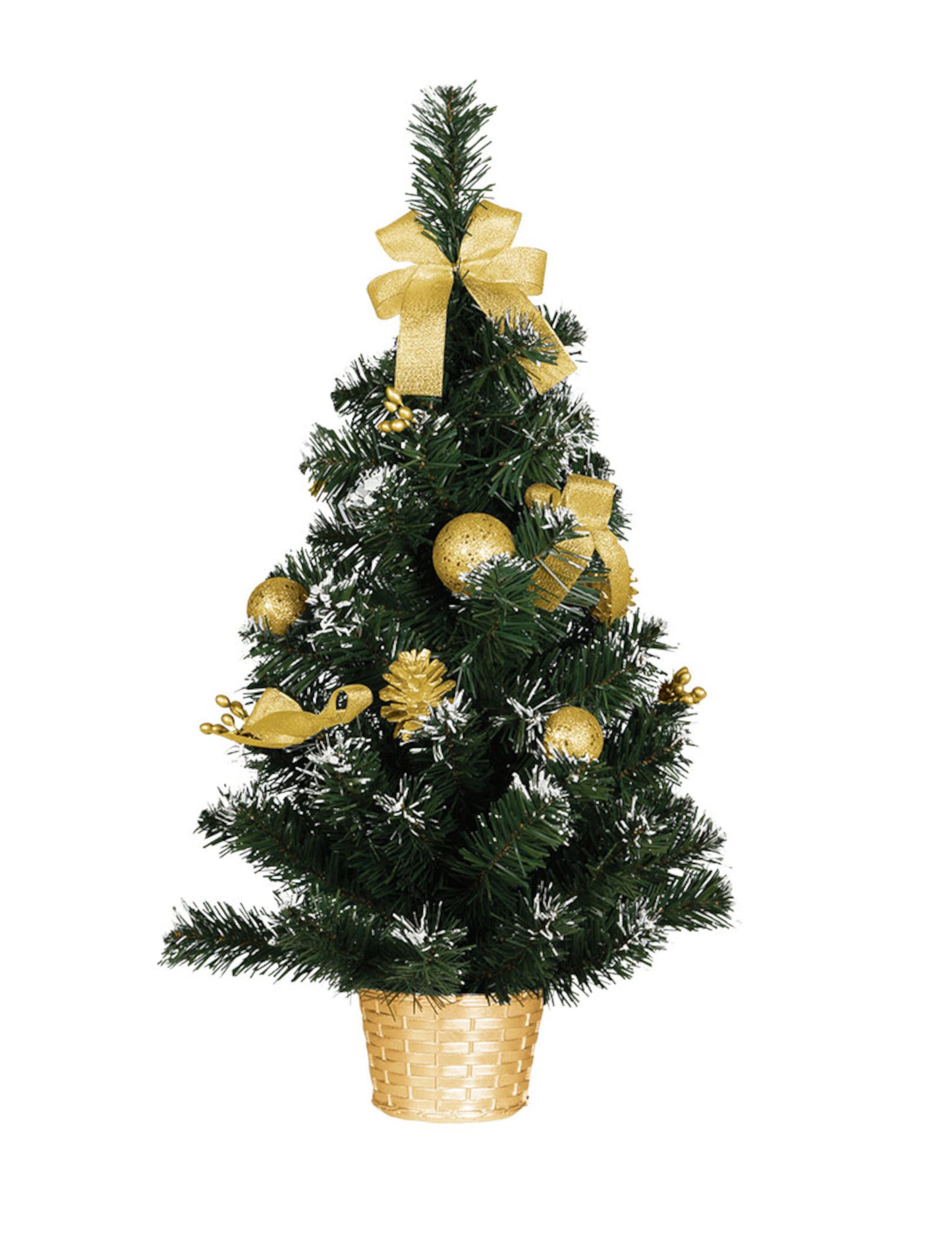 Коледна елха на стойка със златни декорации 60 cm изкуствен сняг