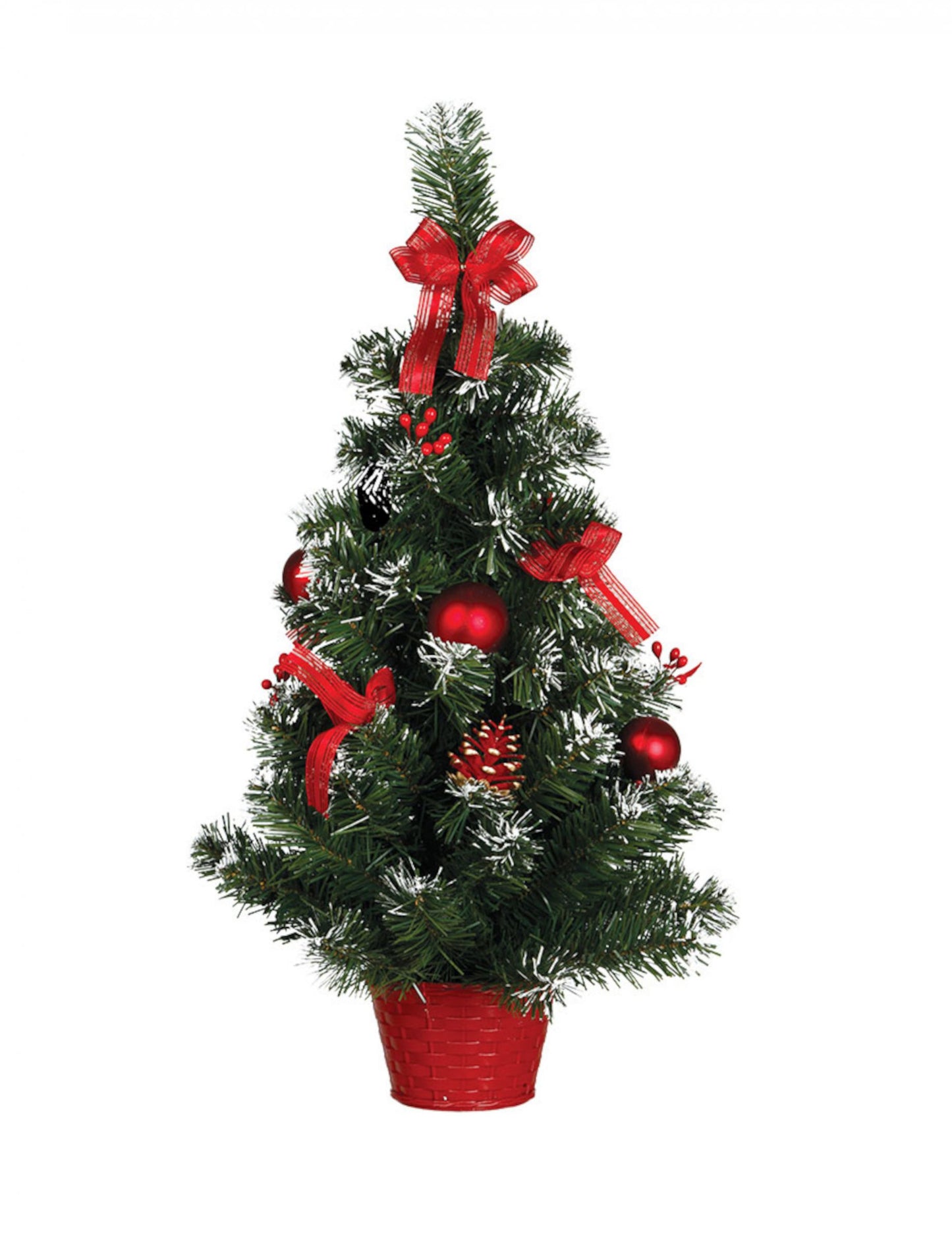 Коледна елха на стойка с червени украси 60 cm снежен ефект