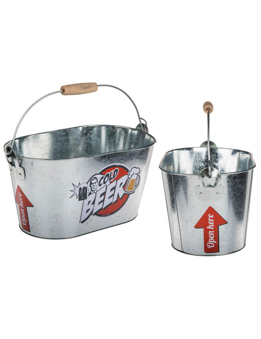 Vues de face et de profil du seau à boisson métallique Cold Beer