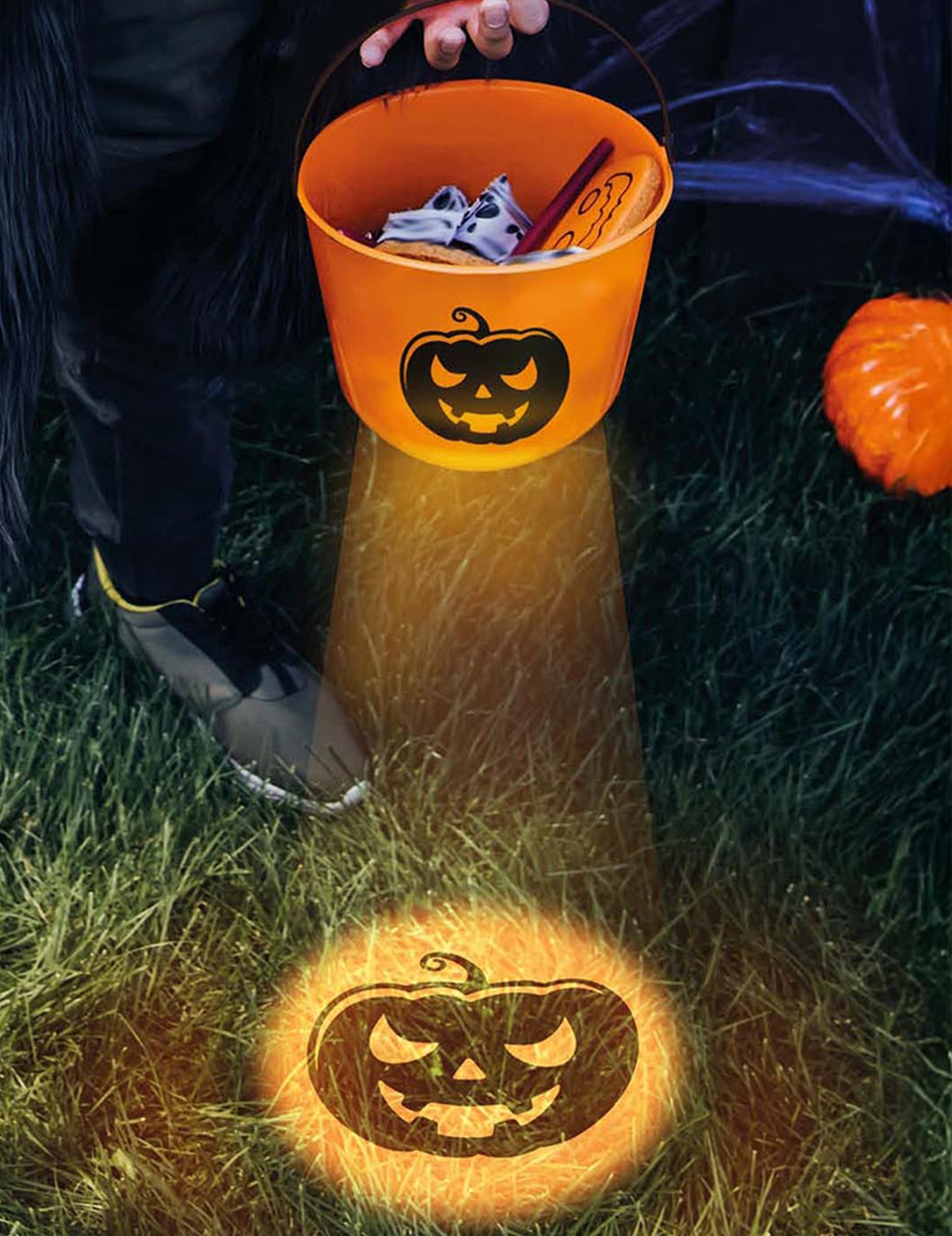 Оранжева тиква светеща кофа за бонбони