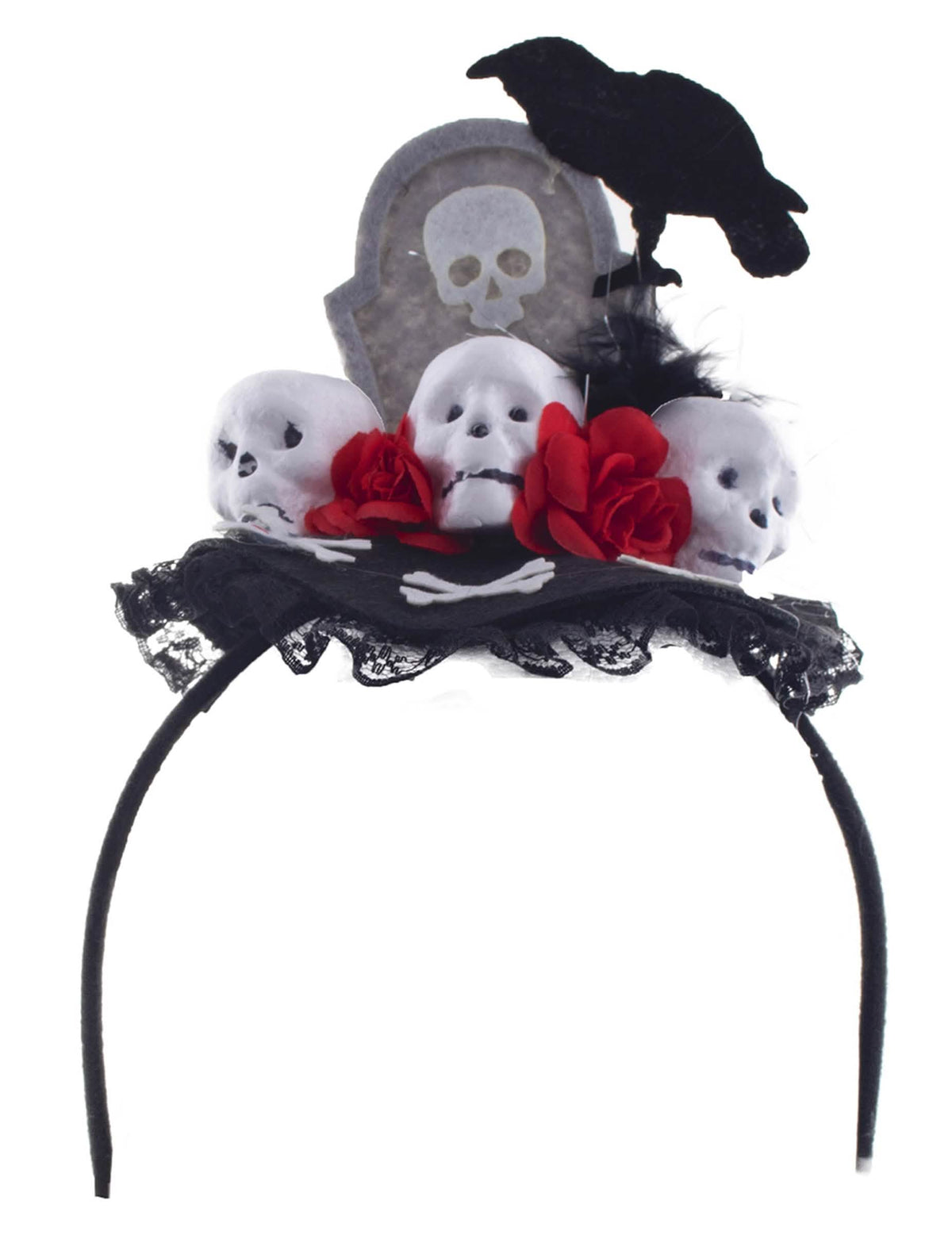 диадема с гарван Dia de los muertos за жена черен с черепи и червени рози