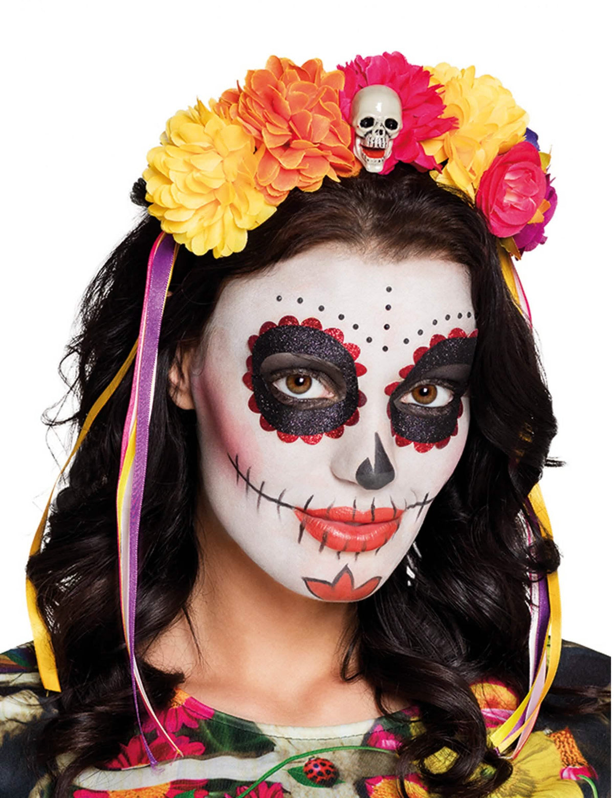 Лента за глава с големи цветя Dia de los muertos за възрастен многоцветно с череп