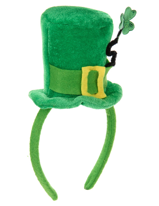 Détail du mini chapeau avec boucle jaune et tige trèfle du serre-tête mini chapeau Saint Patrick