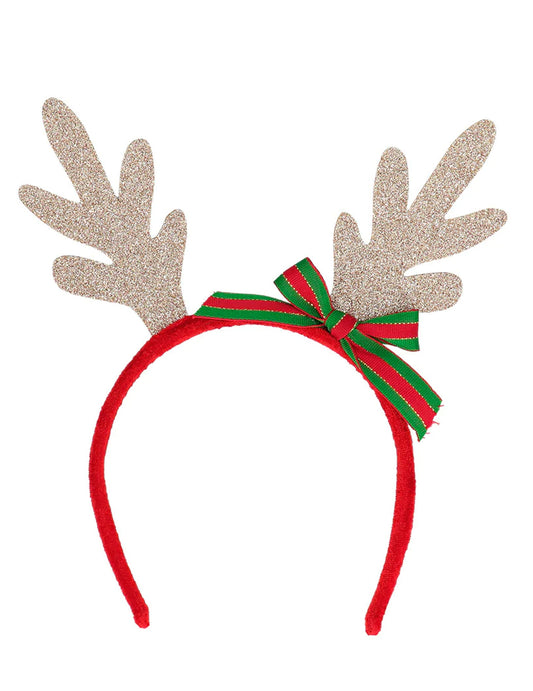 Détail des bois pailletés et du ruban du serre-tête renne de Noël