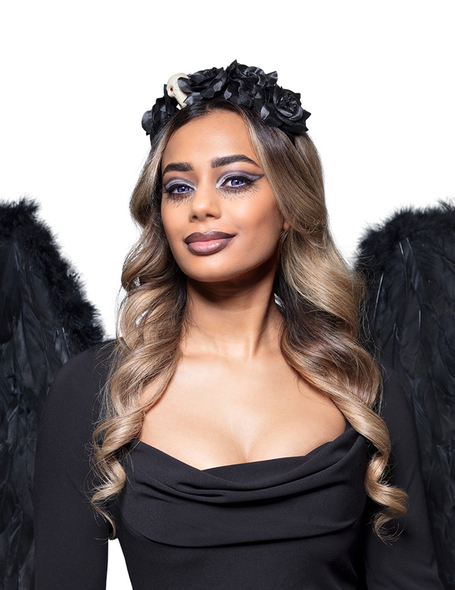 Черна розова лента за глава със ски с глава Dia de los Muertos