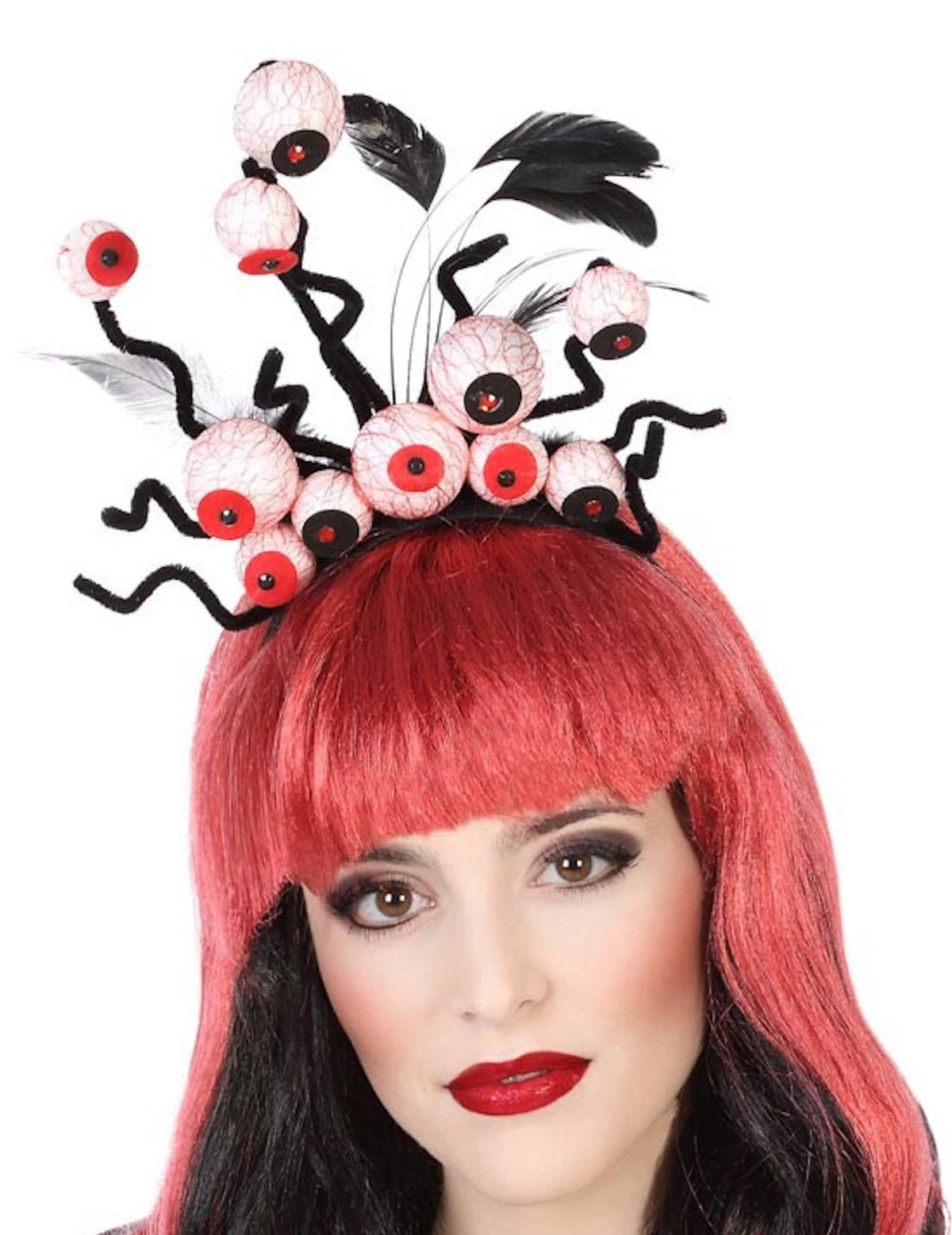Лента за глава с очи за Halloween за възрастен черен с кървави очни ябълки и черни пера